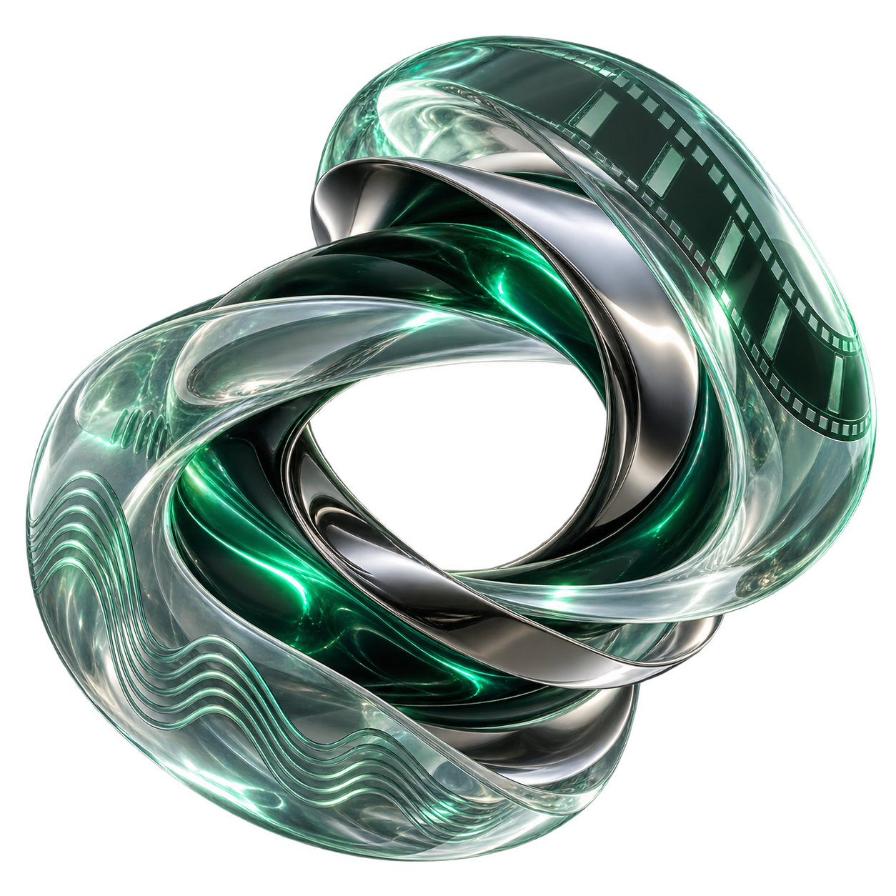Abstract glass and chrome sculpture representing Frymora's creative studios